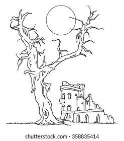 vector - Big old tree and ruin castle 