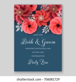 Vector big paper flower origami rose, anemone, peony. Wedding invitation floral card template