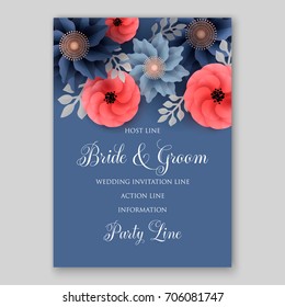 Vector big paper flower origami rose, anemone, peony. Wedding invitation floral card template