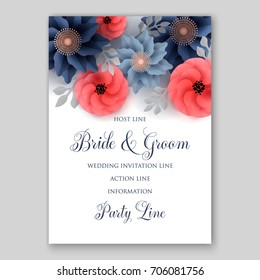 Vector big paper flower origami rose, anemone, peony. Wedding invitation floral card template