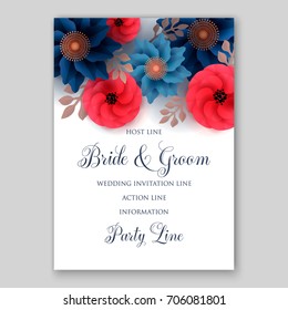 Vector big paper flower origami rose, anemone, peony. Wedding invitation floral card template