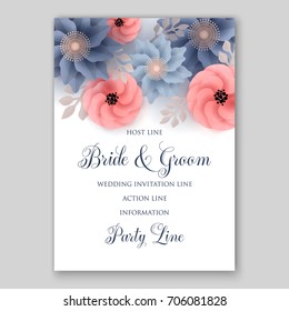 Vector big paper flower origami rose, anemone, peony. Wedding invitation floral card template
