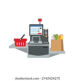 Vector big paper shopping bag full of grocery standing on a grey metal self checkout machine with cash and card payment, and bagging area