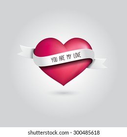 Vector big pink heart with silver ribbon and love quotation. Love design concept