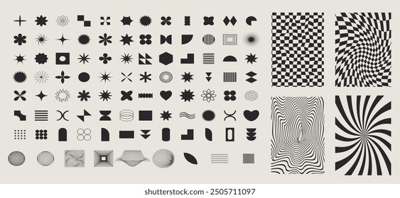 Vector big retro Y2K set of geometric shapes and elements. Trendy vintage abstract minimalist figures, stars, flowers, circles. Modern abstract graphic elements. Brutalist geometric shapes