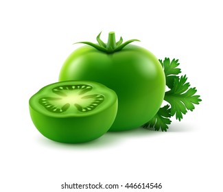 Vector Big Ripe Green Fresh Cut Whole Tomatoes with parsley Close up Isolated on White Background