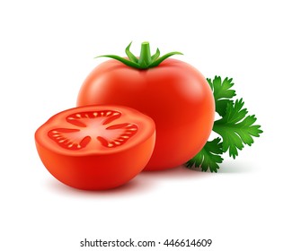 Vector Big Ripe Red Fresh Cut Whole Tomatoes with Parsley Close up Isolated on White Background