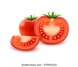 Vector Big Ripe Red Fresh Cut Whole Tomato Close up Isolated on White Background