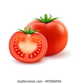 Vector Big Ripe Red Fresh Cut Whole Tomato Close up Isolated on White Background