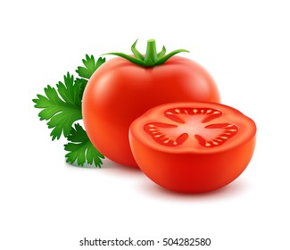 Vector Big Ripe Red Fresh Cut Whole Tomatoes with Parsley Close up Isolated on White Background