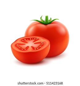 Vector Big Ripe Red Fresh Cut Whole Tomato Close up Isolated on White Background