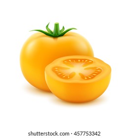 Vector Big Ripe Yellow Fresh Cut Tomato Close up Isolated on White Background