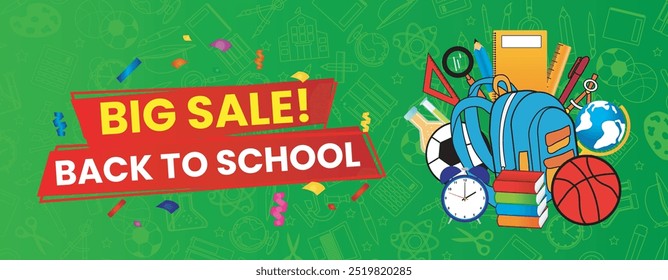 Vector big sale back to school promo banner with green background and school supplies icons