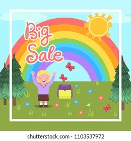 Vector Big Sale Banner. Cartoon girl outdoors summer with rainbow.