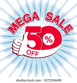 Vector big sale banner. Mega sale with 50 % off. Red special offer with best choice symbol on blue striped background. Template design with gesture hand. 