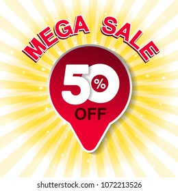 Vector big sale banner. Mega sale with 50 % off. Red special offer on yellow striped background. Template design. 