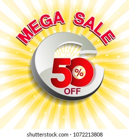 Vector big sale banner. Mega sale with 50 % off. Red special offer on yellow striped background. Template design. 