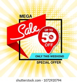 Vector big sale banner. Mega sale, up to 50 % off. Red blue special offer only this weekend. Template design with black frame on yellow striped background.