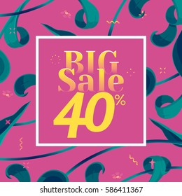 Vector big sale banner. Spring holiday offer with text and tropical leaves in a collage style. Festive frame, decoration made of abstract floral elements. Offer 40% off. Mother's day vector background