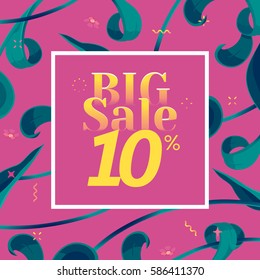 Vector big sale banner. Spring holiday offer with text and tropical leaves in a collage style. Festive frame, decoration made of abstract floral elements. Offer 10% off. Mother's day vector background