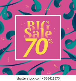 Vector big sale banner. Spring holiday offer with text and tropical leaves in a collage style. Festive frame, decoration made of abstract floral elements. Offer 70% off. Mother's day vector background