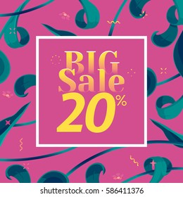 Vector big sale banner. Spring holiday offer with text and tropical leaves in a collage style. Festive frame, decoration made of abstract floral elements. Offer 20% off. Mother's day vector background