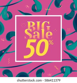 Vector big sale banner. Spring holiday offer with text and tropical leaves in a collage style. Festive frame, decoration made of abstract floral elements. Offer 50% off. Mother's day vector background