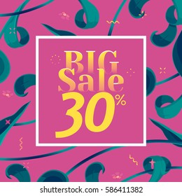 Vector big sale banner. Spring holiday offer with text and tropical leaves in a collage style. Festive frame, decoration made of abstract floral elements. Offer 30% off. Mother's day vector background