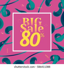 Vector big sale banner. Spring holiday offer with text and tropical leaves in a collage style. Festive frame, decoration made of abstract floral elements. Offer 80% off. Mother's day vector background