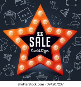 Vector Big Sale retro light banner on chalkboard with doodle objects. Star frame with bulb for shopping