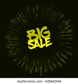 Vector big sale template in retro style on dark background.Big sale template with fireworks effect. Template with yellow color. Big sale card template for various use, especially for discount events.