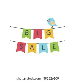 Vector Big sale text on a garland of flags icon with bird in flat style.Big sale banner isolated on white background.Big sale icon flat style.Big sale label with bird icons.Sale banner