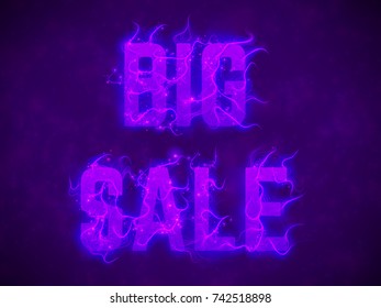 Vector Big Sale text with violet fire flames background. Wavy threads from fiery letters. Hot Black friday sale illustration for flyers, cards, promo materials etc. Thin curly flames. eps10