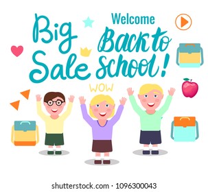 Vector Big Sale Welcome Back to school. Cartoon girl and boys.