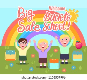 Vector Big Sale Welcome Back to school. Cartoon girl and boys outdoors.