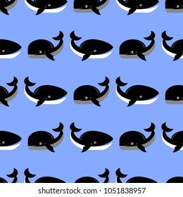 Vector Big Sea Fish Pattern on Blue Background. Whale Seamless Ornament