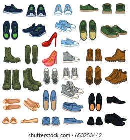 Vector Big Set of 37 illustrations - Cartoon Color Shoe Items.