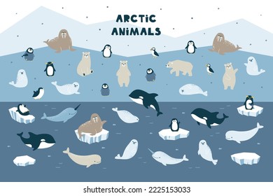 Vector big set of arctic animals and winter elements. Cute penguin, polar bear, fur seal, walrus, killer whale, narwhal and beluga