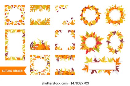 Vector big set of Autumn frames, wreath and borders with pumpkins and autumn leaves on white background. Autumn forest Thanksgiving day Perfect for holiday invitations and greeting card
