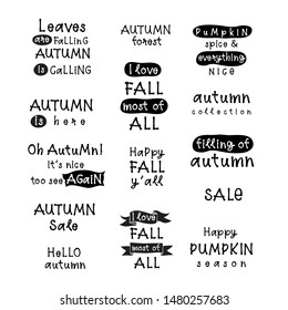 Vector big set of autumn quotes isolated on white background. Autumn sale, happy fall you all, happy pumpkin season, autumn is here. Vector illustration