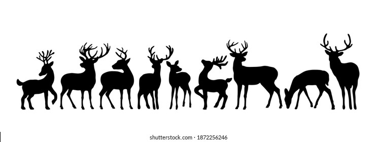 Vector big set of black deer stag reindeer with antlers.Outline silhouette stencil drawing illustration isolated on white background .Sticker.T shirt print.Plotter Cutting. Laser cut. Christmas decor.