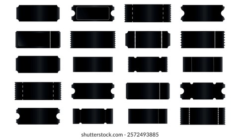 Vector big set of black luxury ticket template white isolated background. Invite ticket for casino, theater, cinema, movie, coupon, voucher.