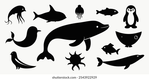  Vector Big set of black white silhouette isolated sea ocean north animals. Doodle vector whale, dolphin, shark, stingray, jellyfish, fish, stars, crab, king Penguin chick, octopus, fur seal, polar be