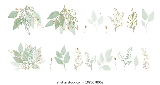 Vector Big Set botanic elements - wildflowers, herbs, leaf. Green and gold collection garden and wild foliage, flowers, herbal branch. Vector arrangements for greeting card or invitation design.