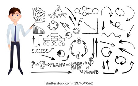 Vector Big Set of Business Hand Drawn Doodle Elements Isolated on White Background, Black Drawings and Cartoon Businessman Pointing on Them.