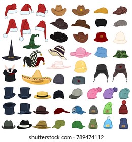 Vector Big Set of Cartoon Color Hats and Caps. 57 Headwear Items.