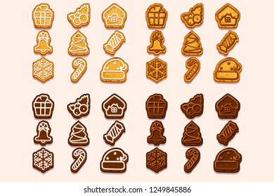 Vector big set Christmas and New Year chocolate and biscuit cookies, holiday symbols icons. Cartoon vector baking for holiday