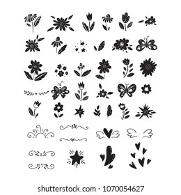 Vector big set of clipart. Flowers, butterflies, stars, hearts, leaves, branches isolated and easy to use. Perfect for your design.