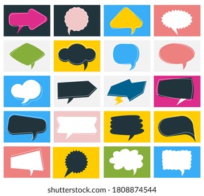 Vector big set of color cartoon geometric bubble speech with text space. Flat style creative illustration design of communication cloud