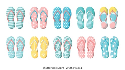 Vector big set with colorful summer flip flops for beach holiday designs. Flip flops set isolated on white background. Slippers summer set